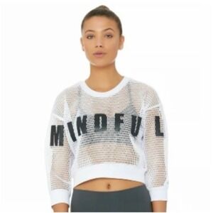 Alo Yoga White Mesh Mindful Movement Cropped Pullover Sweatshirt Womens Small